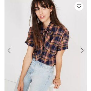 NEW Madewell Short-Sleeve Tie-Neck Shirt in Junipero Plaid top blouse XS
